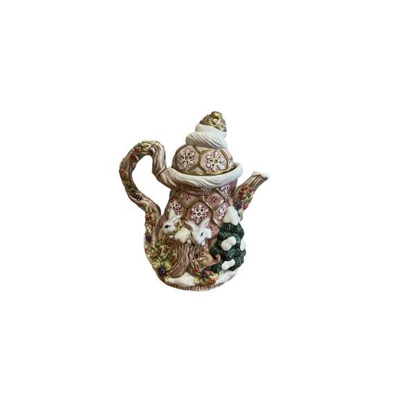 FITZ & FLOYD SNOWY WOODS Santa & Woodland Creatures Snowflakes Teapot & Lid 1996 - Picture 5 of 7